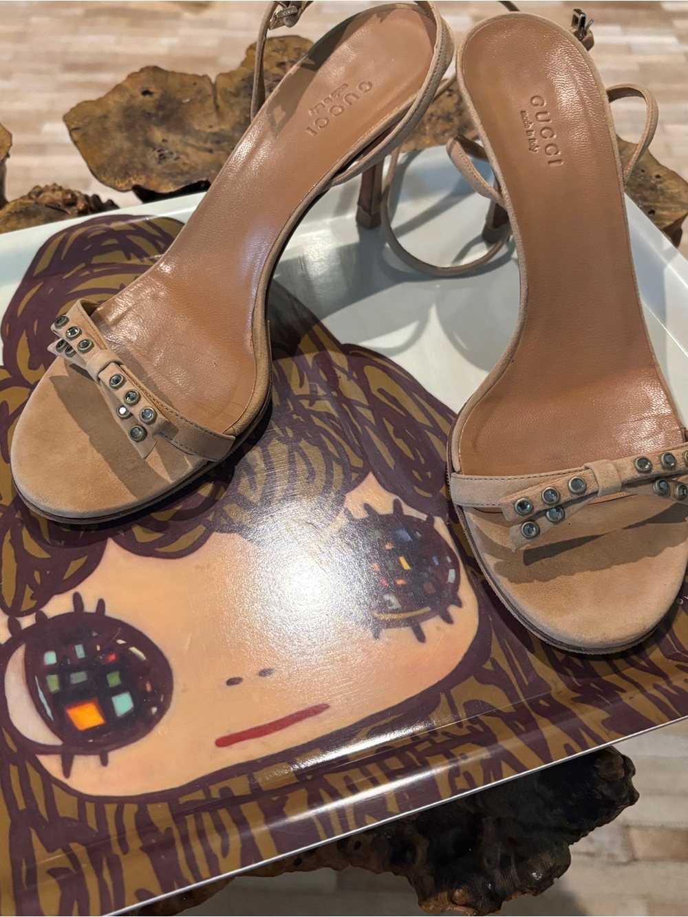 Gucci Tan Suede Open-Toe Studded Slingback Heels